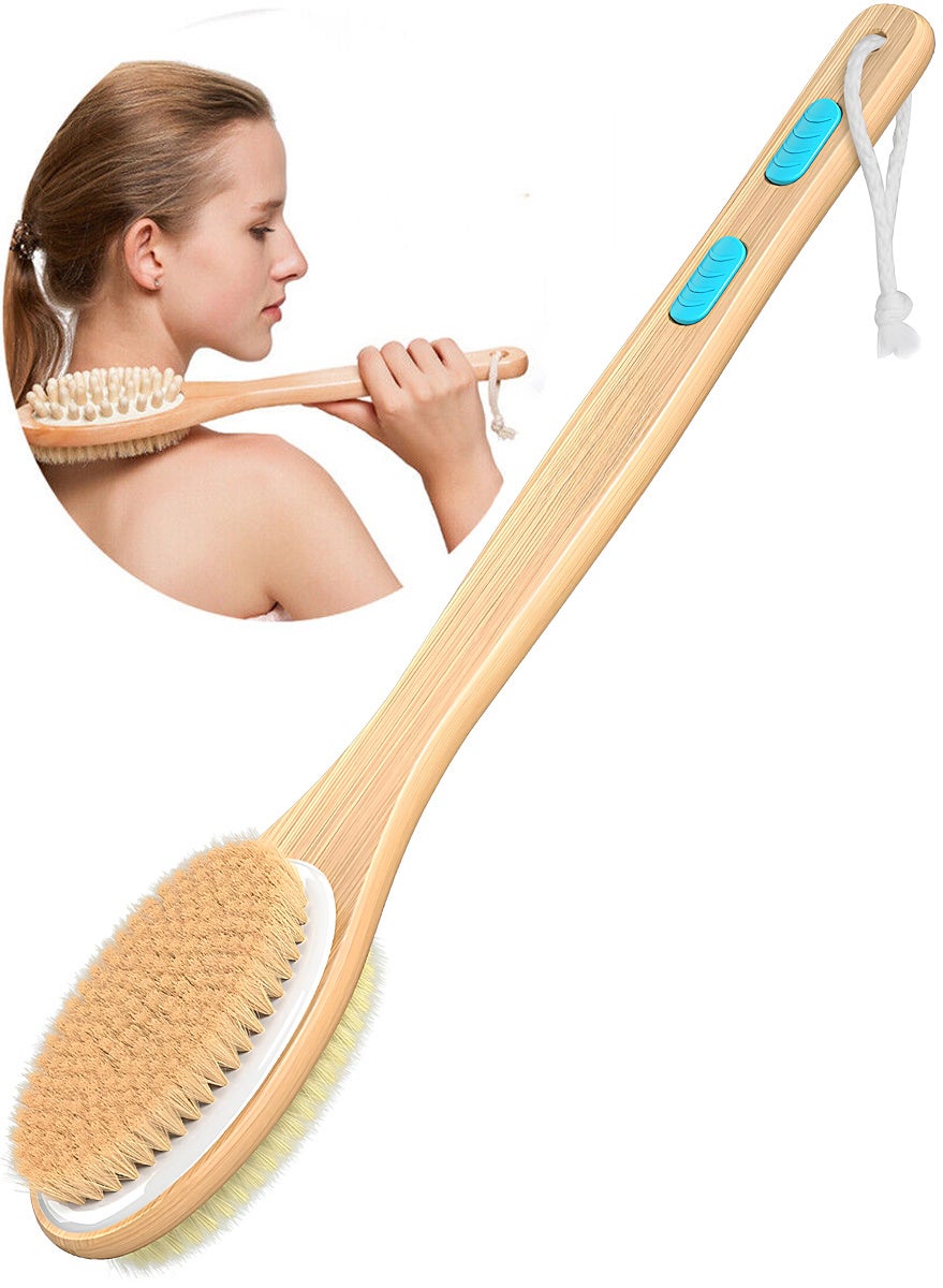 Shower Brush Double Sided Soft and Stiff Bristles Long Wooden Handle Exfoliating Body Scrub for Wet or Dry Brushing