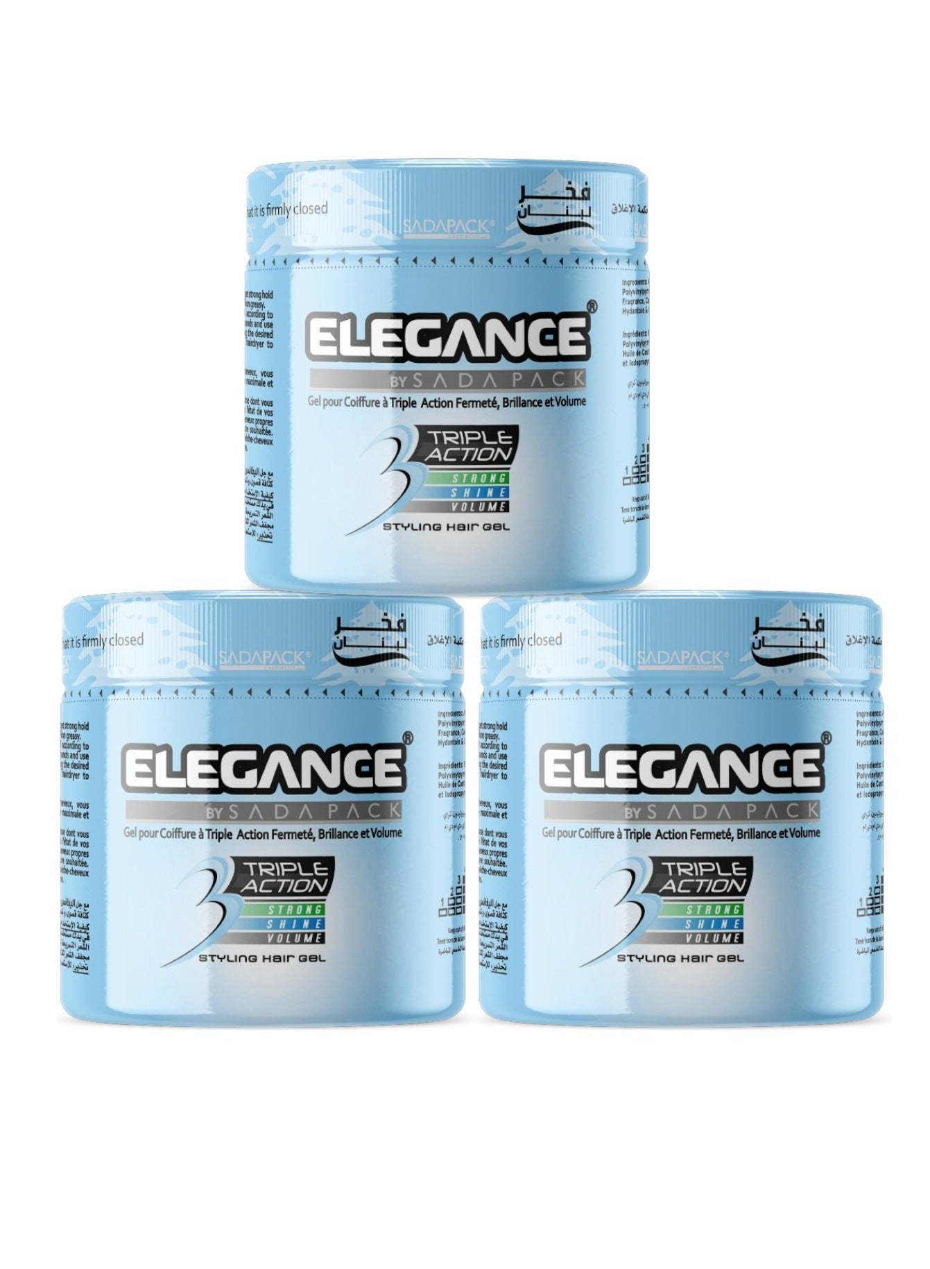 Elegance Triple Action Hair Gel – Blue – 1000ml – Pack of 3 | Strong Hold, Glossy Finish & Flexible Styling