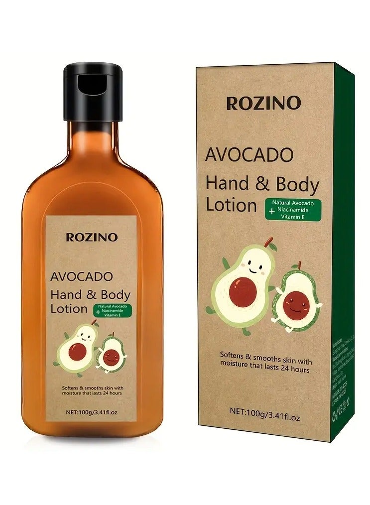 Rozino Avocado Hand & Body Lotion, 100ml - Moisturizing Cream with Vitamin C & Shea Butter, Hypoallergenic, Fresh Scent, Easy Rinse, Suitable for All Skin Types