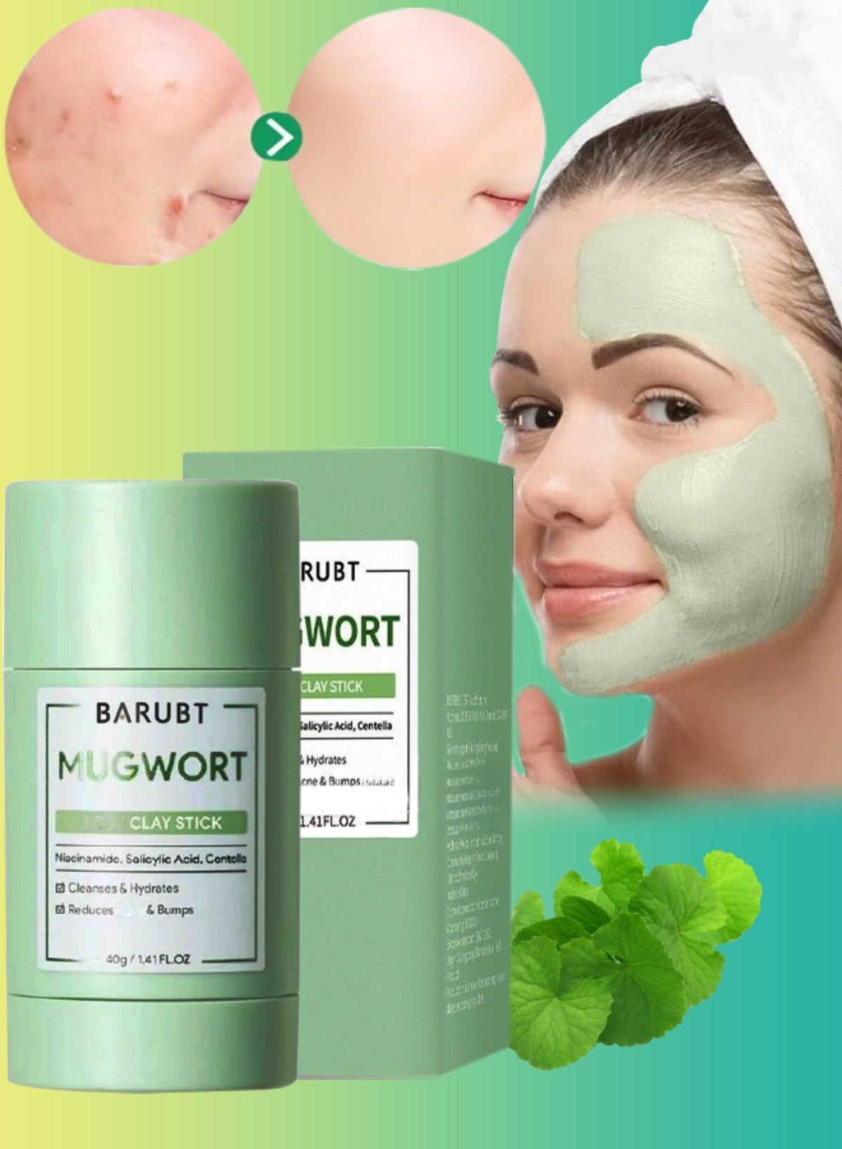 Mugwort Acne Clay Stick Mugwort Acne Clay Mask Cleanses Moisturizing Face Mask Reduce Acne Pimples Bumps Blackhead Remover Minimize Pores Clay Balm Face Mud Mask with Niacinamide Salicylic Acid and Centella Stick 40g