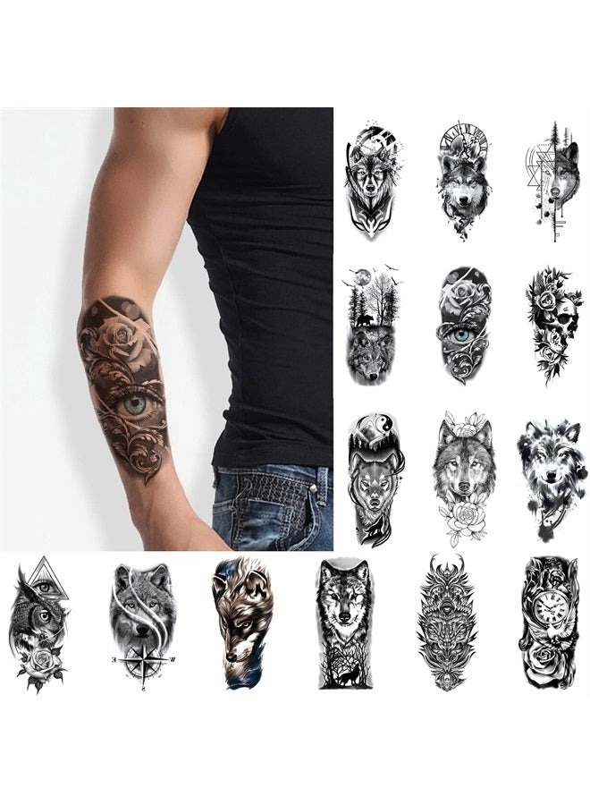 Glaryyears Animal Temporary Tattoo for Men Women Adults, 15-Pack Variety Design Large Fake Tattoos, Long-lasting Realistic Tattoos for Body Arm Leg Shoulder, Wolf Skull Eagle Eye Flower Tattoos