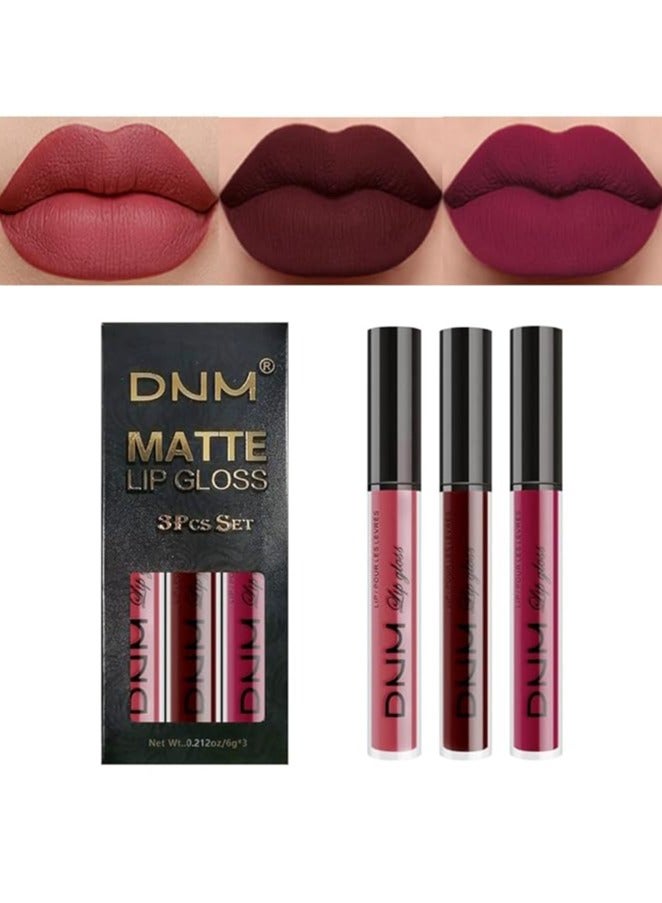 3Pcs Dark Red Purple Matte 24-hour Liquid Lipstick Sets,DNM Matte Lipstick Lip Stain Long Lasting 24 Smudge Waterproof Lip Gloss Gift Set Matt Lipsticks Set Matt Liquid Women Makeup Lipstick color 06