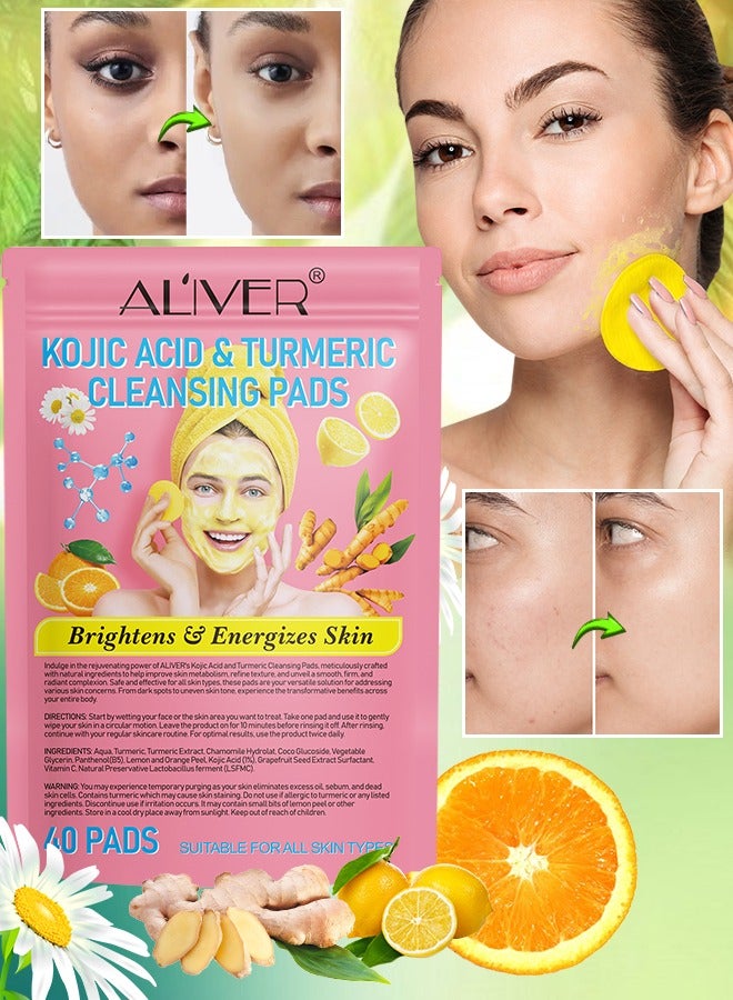 40Pcs Kojic Acid & Turmeric Cleansing Pads for Dark Spots Turmeric Kojic Acid Cleansing Pads Helps Balance Skin Oil & Water Fade Spot Remove Excess Keratin Clean Oil Kojic Acid Pads