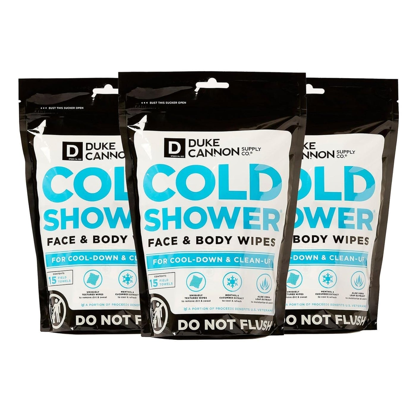 Duke Cannon Cold Shower Cooling Field Towels â€“ Menthol Body Wipes for Men, No Rinse Face & Body Cleansing Wipes, 15 Individually Wrapped Towels (3 Pack)