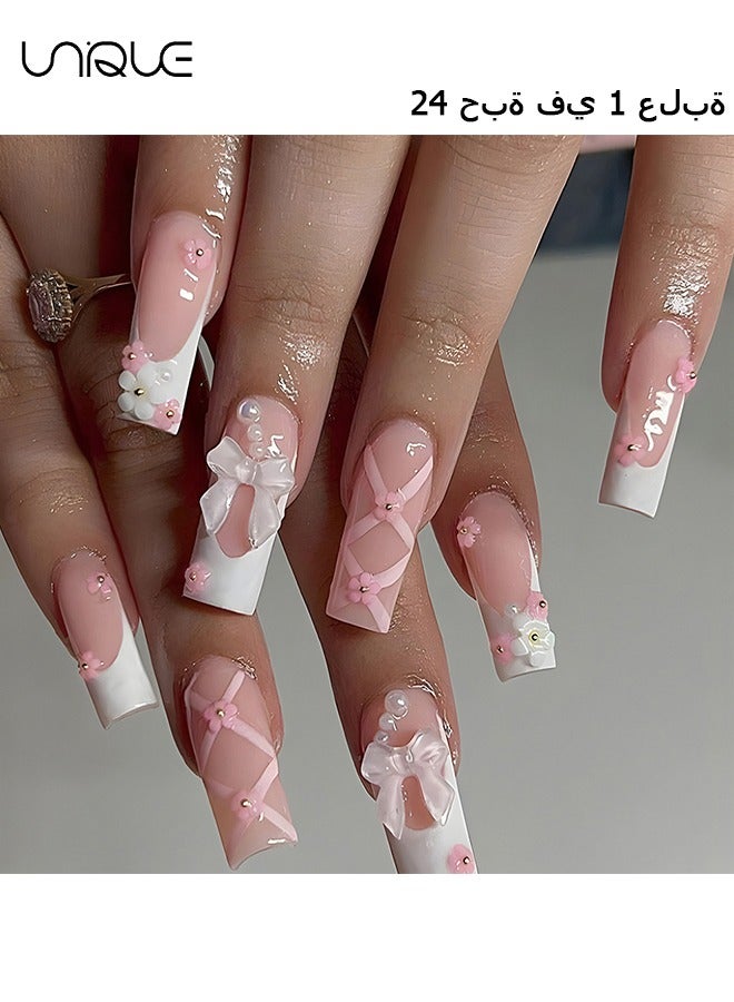 24Pcs Fake Nails, Press Nails, Mid-length Ballet Manicure - Pink White Pearl Flower Manicure - Bow Ribbon Manicure - Fake Nail Patch