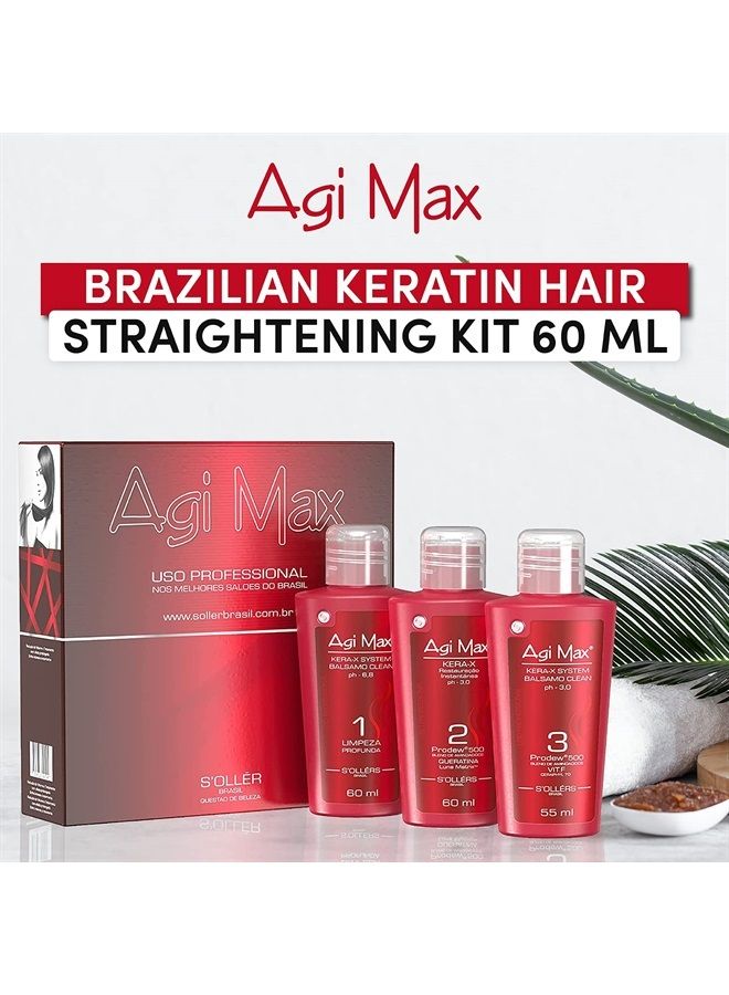 Brazilian Natural Keratin Hair Treatment Kit for Straightening Curls and Frizz, Reducing Dry Damage, Nourish and Hydrate Root to Tip, Support Color Treated Styles - 3 Steps (3 x 60ml)