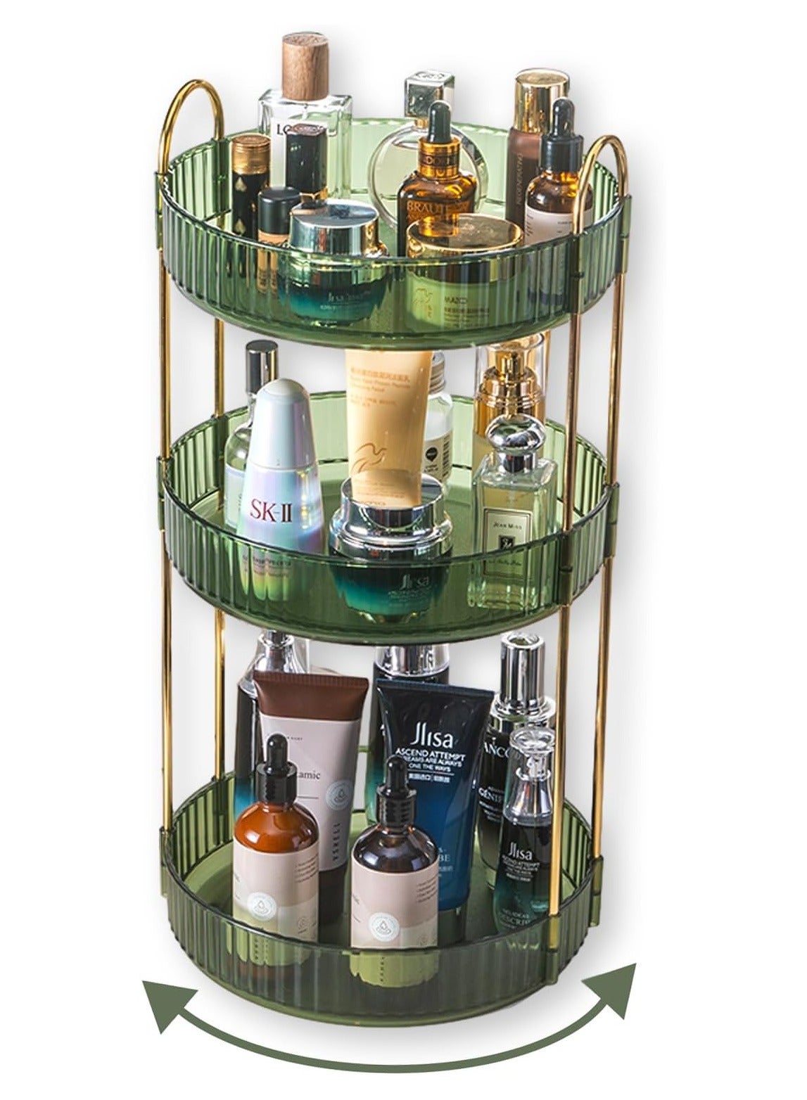 360-Degree Swivel Perfume Storage Rack, 3-Tier Spacious Cosmetic Organizer, Bathroom Makeup Holder & Perfume Display Stand (Green, 3-Tier)