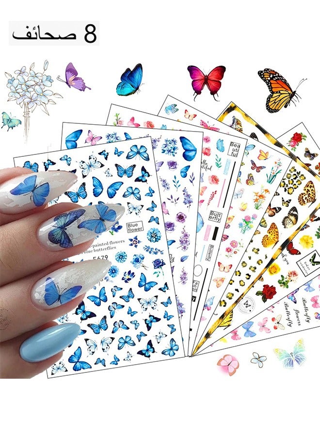 Butterfly Nail Art Stickers, 3D Self-Adhesive Nail Decals Colorful Butterflies Spring Flowers Nail Designs for Acrylic Nails Supplies Manicure Decorations 8 Sheets