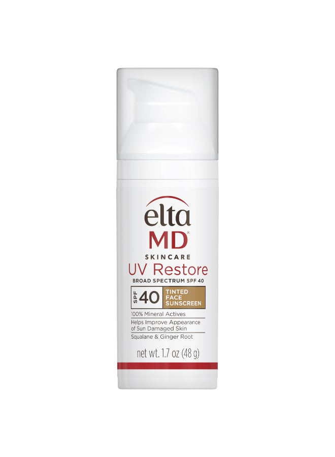 UV Restore Tinted Face Sunscreen SPF 40 (2.0 Oz) – Tinted Mineral UV Protection for Sun-Damaged & Sensitive Skin, with Squalane & Ginger Root Extract, Hydrating