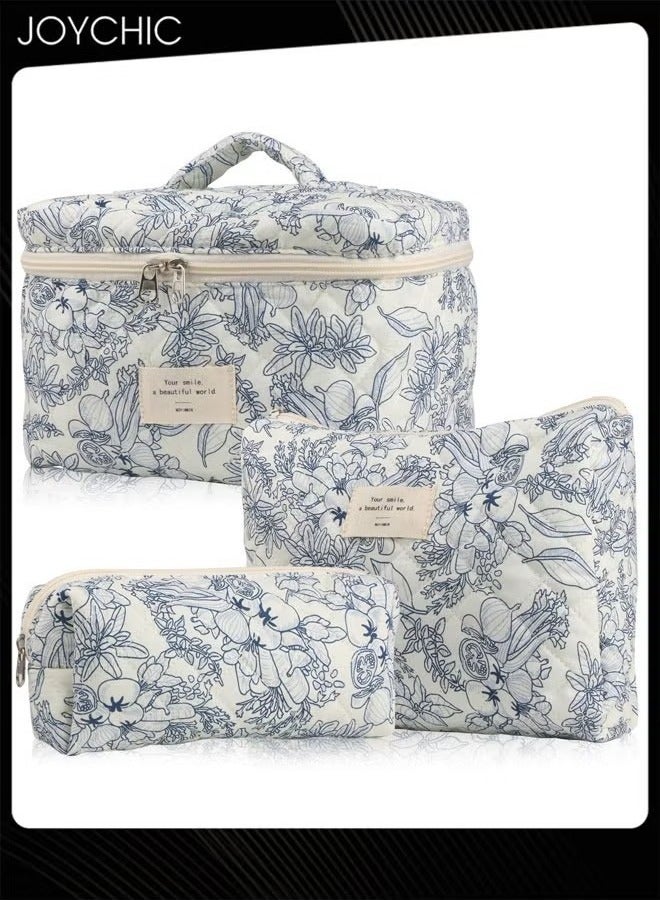 3 pcs Women Makeup Bag Set Quilted Floral Coquette Aesthetic Make up Bags Travel Cosmetic Bags Toiletry Organizer Bag Navy Blue Flower Cosmetic Bag with a Top Handle