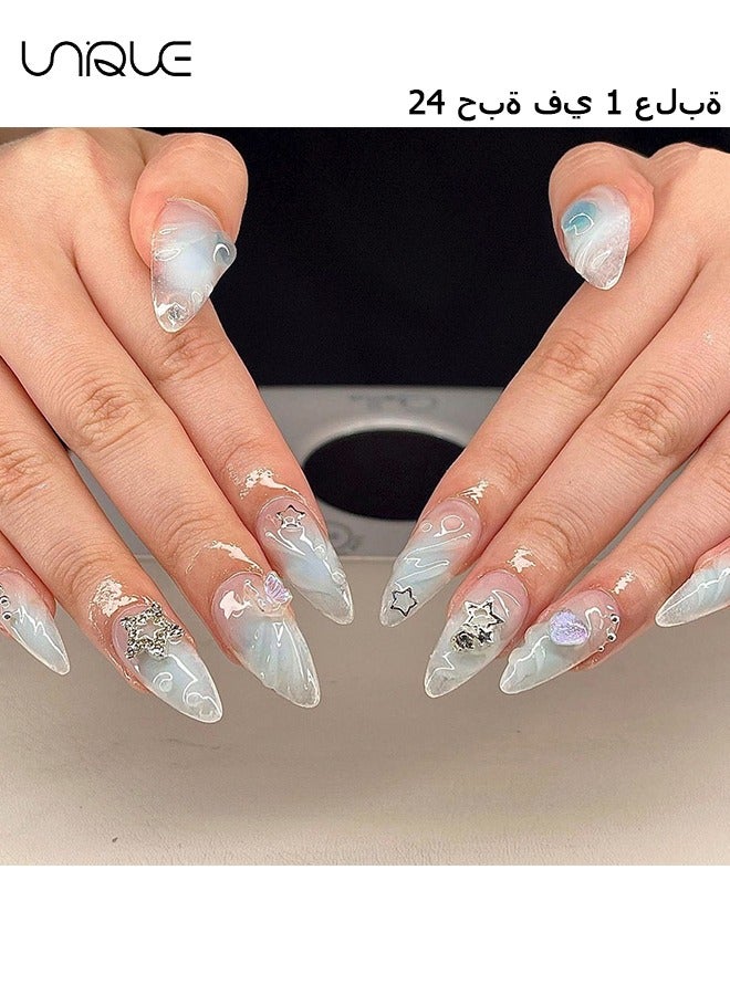 24Pcs Fake Nails, Press Nails, Mid-Almond Manicure - Light Blue Star Manicure with Diamonds - 3D Butterfly Peach Heart Nail Art - Fake Nail Patch