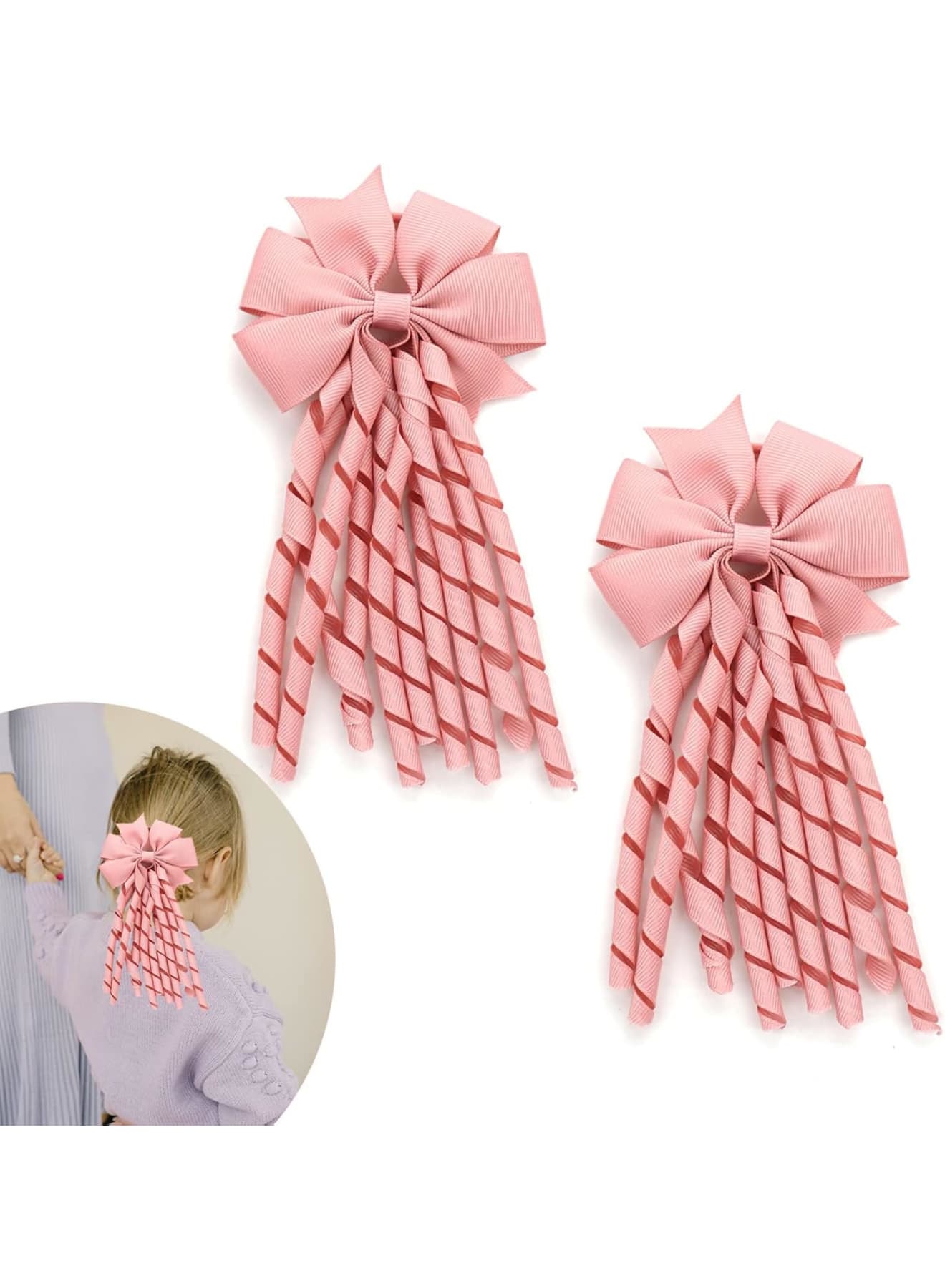 Hair Bow Spiral Streamers, 2 Pcs Curly Bow Hair Bands Kids Spiral Hair Ties Ponytail Holder Hair Ribbons Bobbles for Girls Toddler Kids, Girls School Hair Accessories (Pink)
