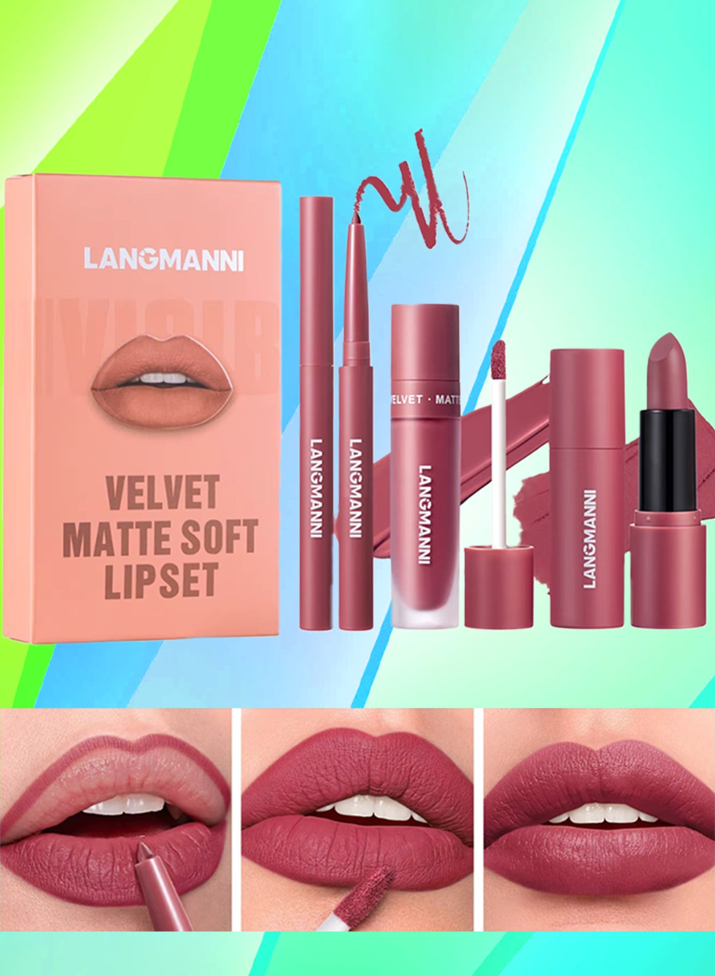 3 in 1 Matte Soft Lip Set Lip Liner Liquid Lip Gloss an Lipstick Combo Set Soft Smooth Natural Lip Contour Set Waterproof and Long Lasting Effect All in One Lip Makeup Gift Set 05