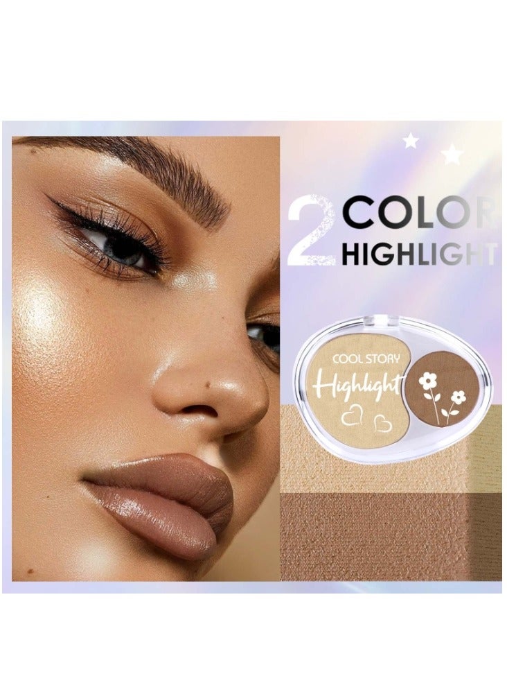 Two Color Glitter Highlighter Powder Palette,3 in 1 Blush and Highlighter Powder Makeup,Waterproof Long Lasting,Highly Pigmented Face Illuminator for a Glowing Look 1 Pcs Palette Color Brown Beige