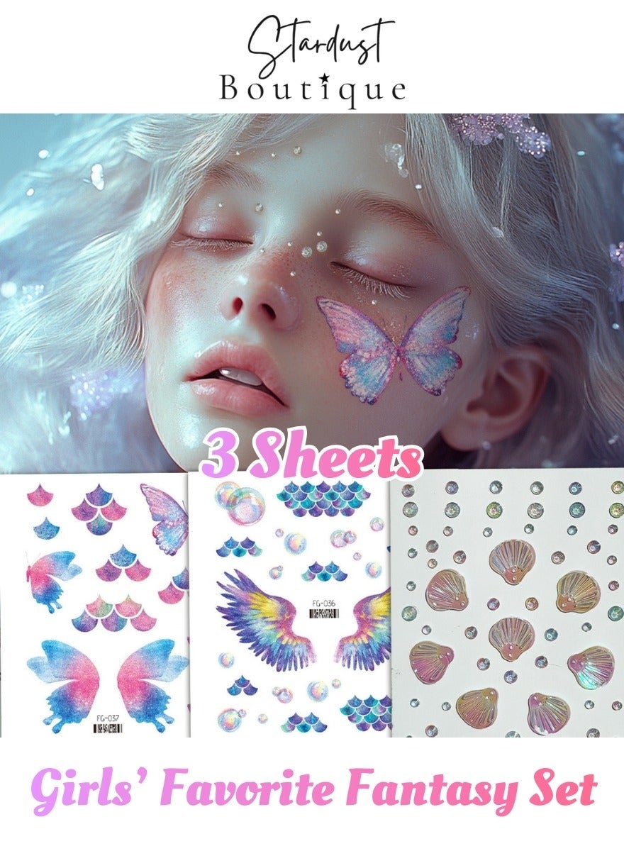 3 Sheets Butterfly & Mermaid Face Stickers — Tattoo Decals + Pearl & Shell Rhinestone Gems
