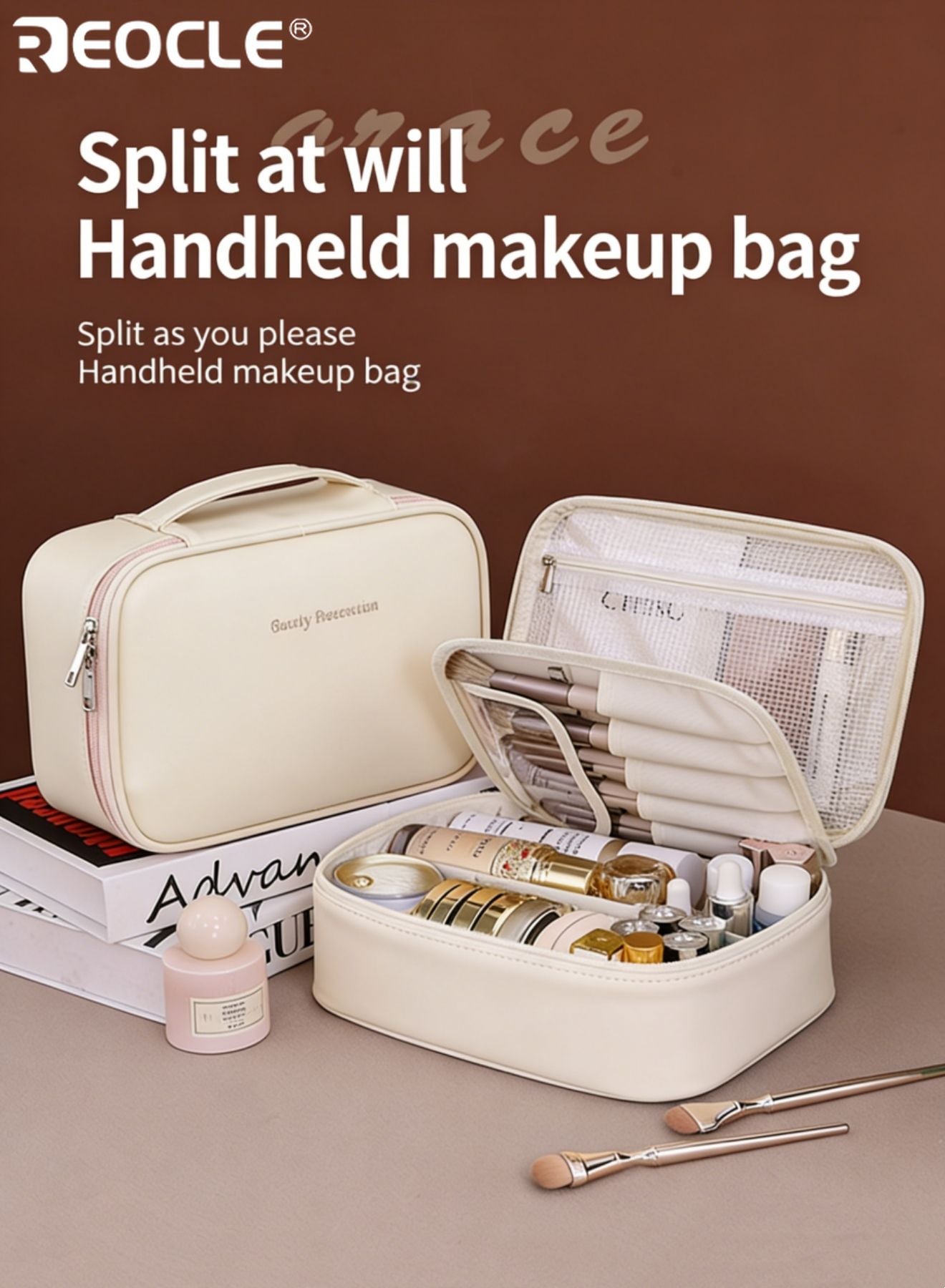Women's Makeup Bag Structured Organized Bag with Compartmentalized Interior & Brush Holders Stylish Spacious Beauty Organizer for Daily Use & Travel