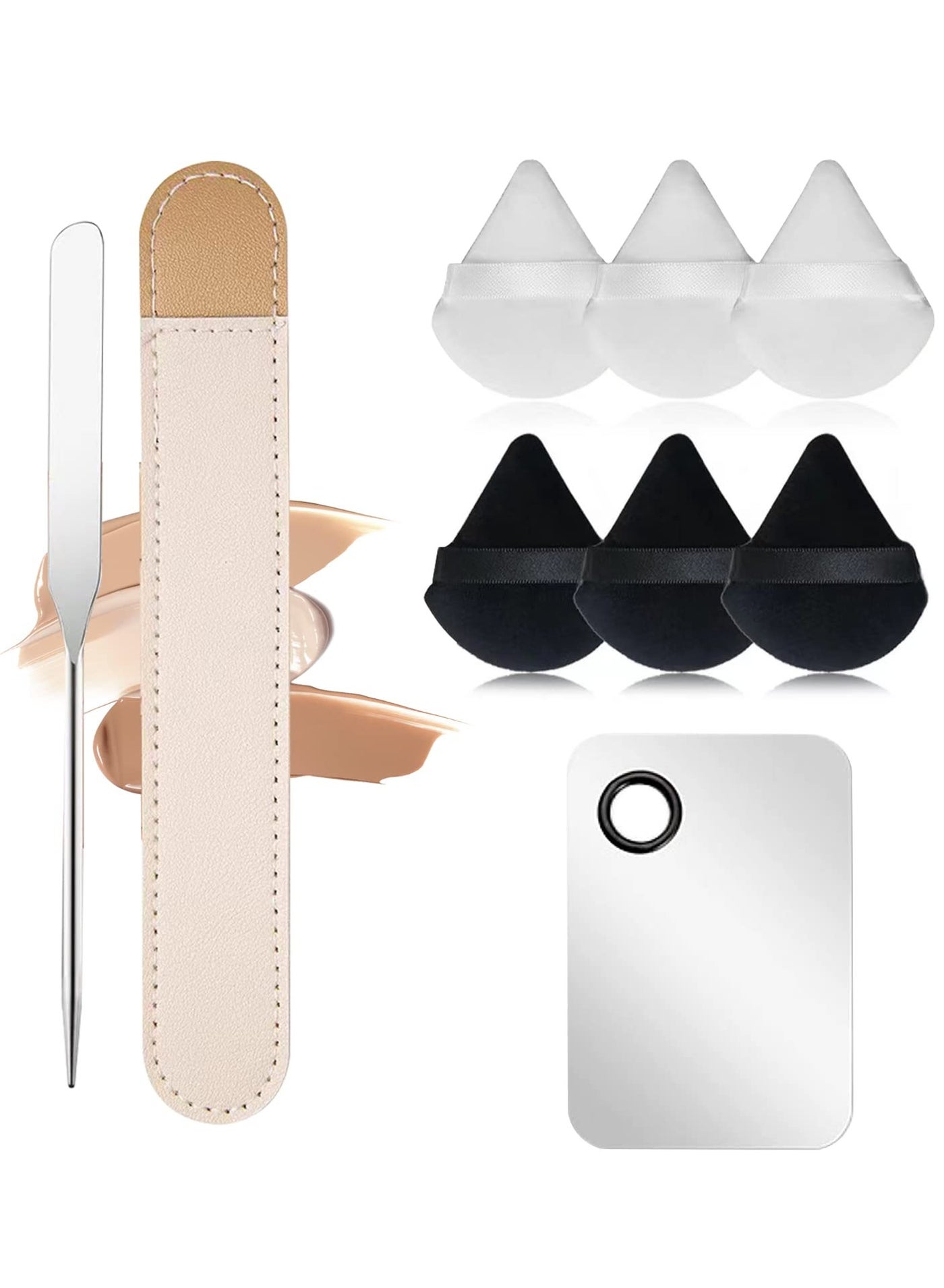 Makeup Spatula, SYOSI Korean Spatula Makeup Stainless Steel Makeup Spatula and Palette Set,Professional Foundation Spatula Facial Cosmetic Makeup Tool (6 Powder Puff +1Spatula+1 Rectangle Palette)