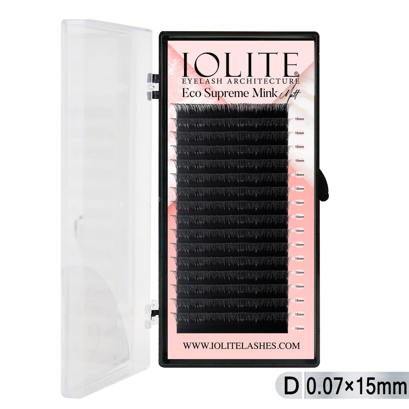 Iolite Eco Supreme Mink Matt Lash Extension Tray D – Curl – 0.07T (6mm–15mm) – Matt Finish, Premium Eco-Friendly Eyelashes for Lash Artists ISMMD7T - 15MM
