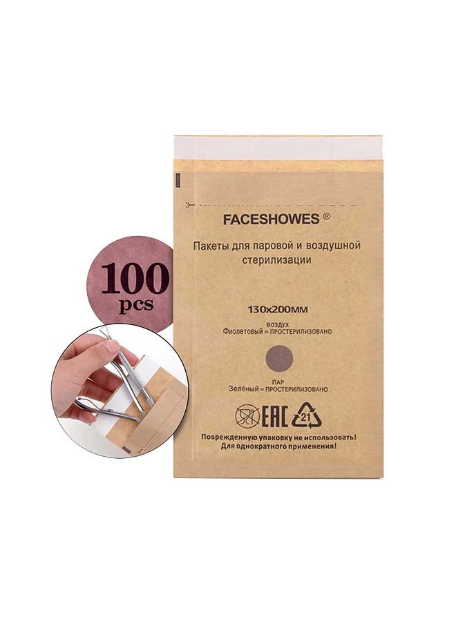 100-Pieces Self-Sealing Cleaning Pouches, Autoclave Kraft Paper Cleaning Bags For Nails And Lash Tools 130x200 cm