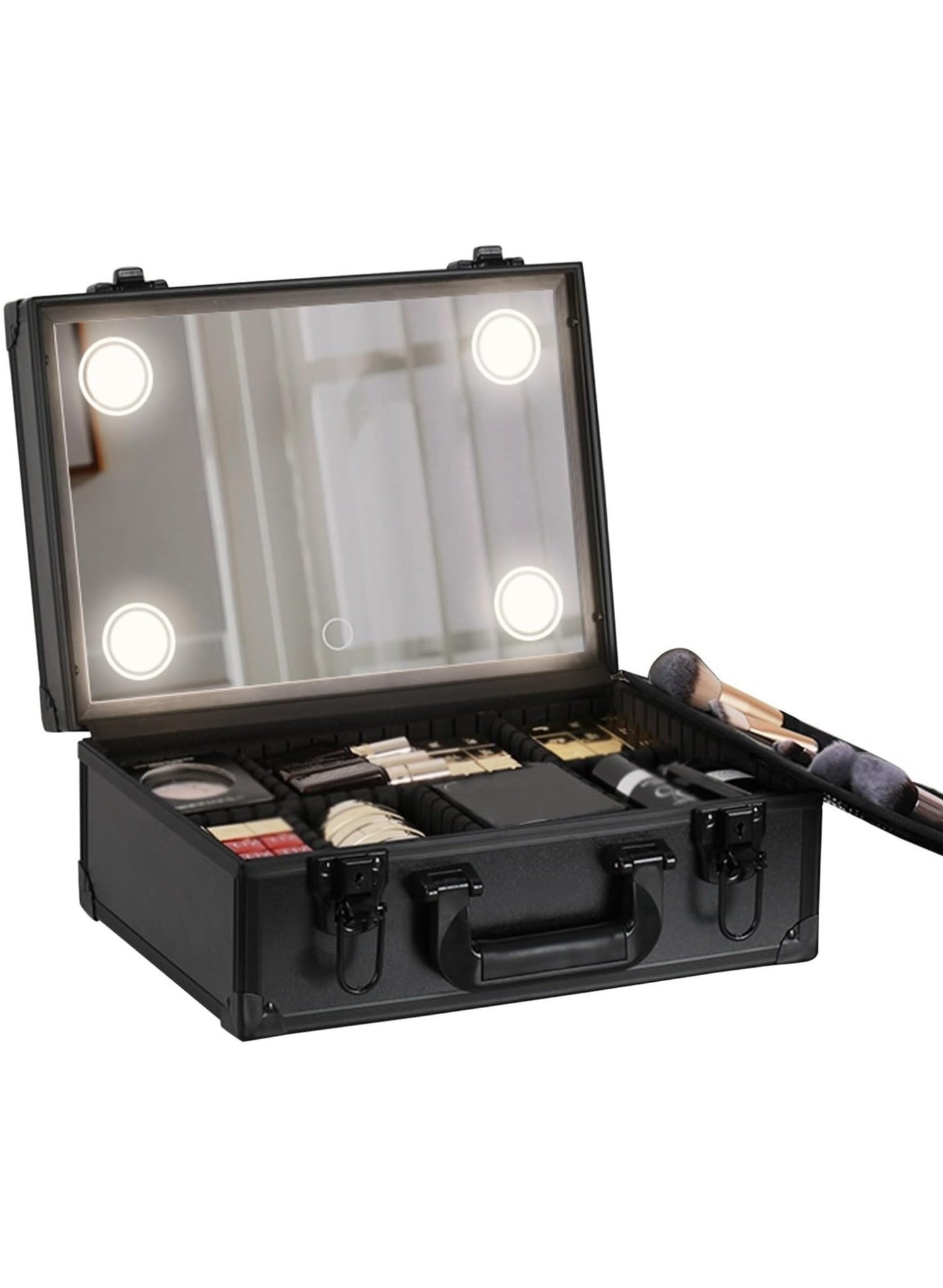 Portable Makeup Box Makeup Case with LED Lights Mirror Cosmetics Box Organizer Case for Travel Home-Black,PVC, Aluminum Alloy