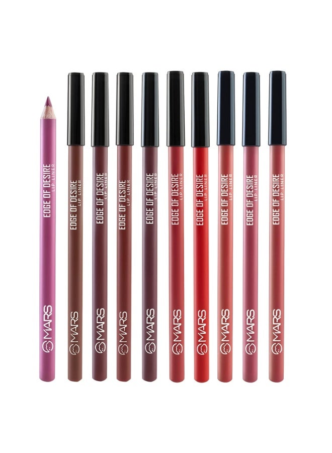 MARS Edge of Desire Lip Liner Set of 10 | One Swipe Smooth Application | Long Lasting & Travel Friendly Lip Pencil | Multicolor (Set-A) (1.4g x 10)