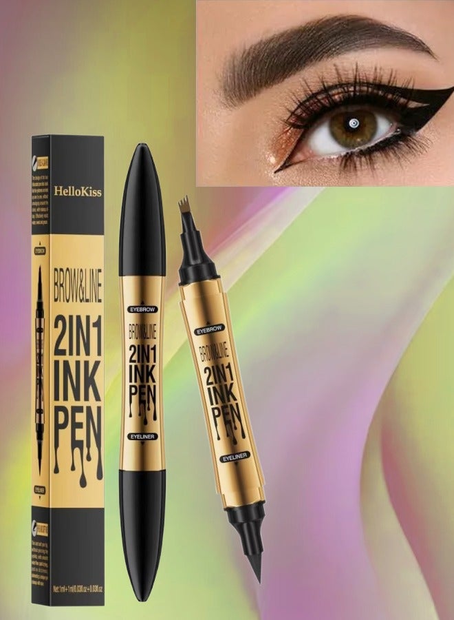 Brow and Line 2in1 Ink Pen for Eyebrow and Eyeliner Pen Waterproof Eyeliner Pencil 3D Microblading Eyebrow Tattoo Pencil 4 Fork Tip with Eyeliner Light Brown Eyebrow and Black Eyeliner Pencil 01
