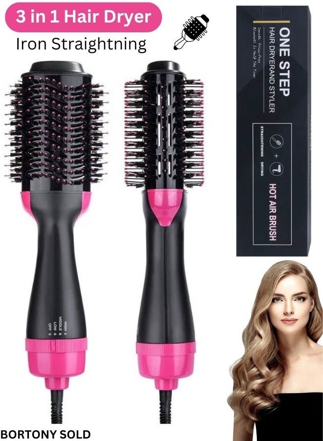 Electric Hair Dryer 3-in-1 Hot Air Brush for Hair Styler – Frizz Control, 2 Changeable Brush Heads for Straight and Curly Hair, Black/Pink – Professional Blow Dryer & Styling Tool