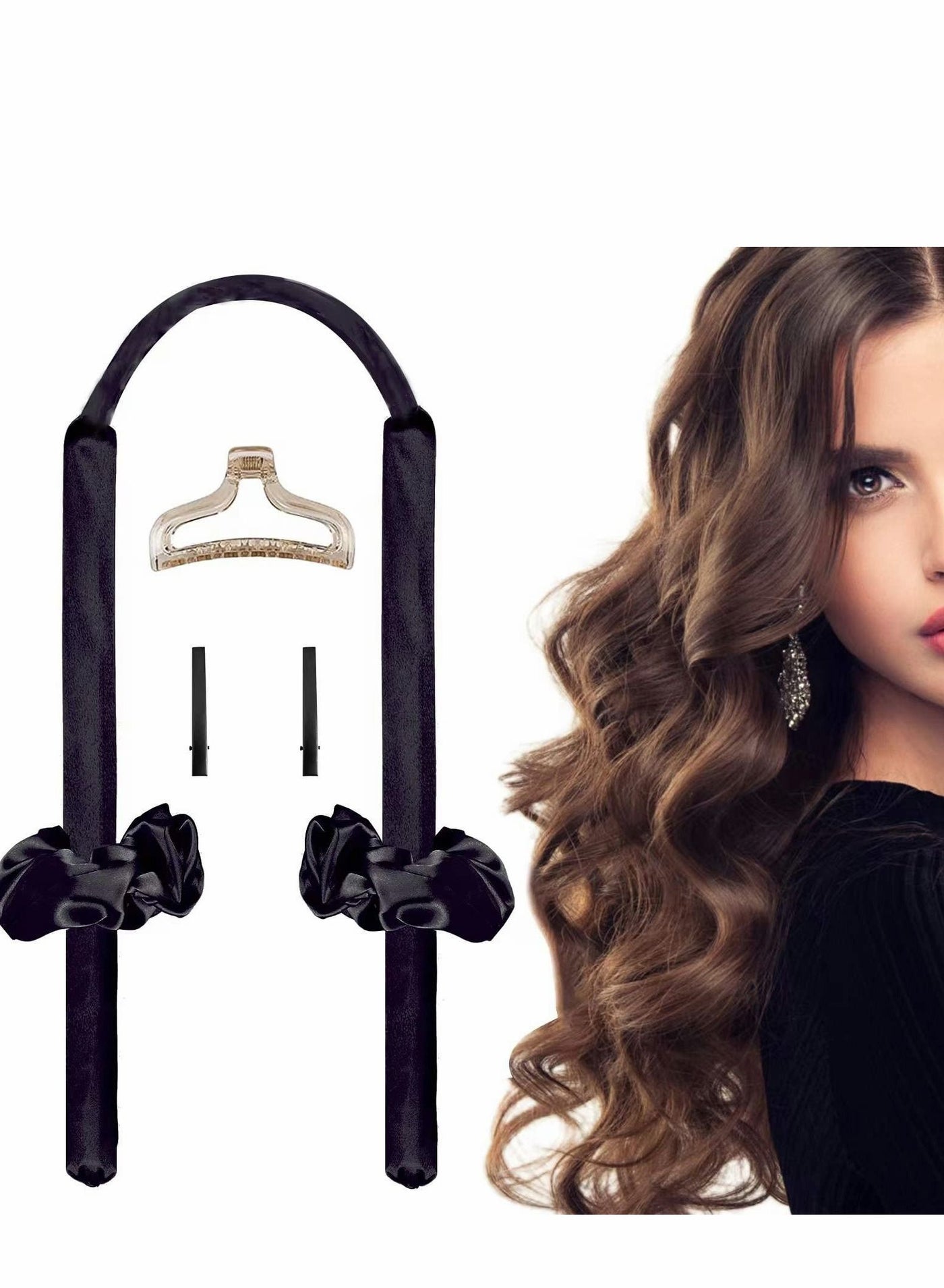 Healtless Hair Curlers for Long Hair, No Heat Curl Ribbon Design with Clips and Scrunchie, Overnight Silk Heatless Curls Headband, Soft Curling Rod for Natural (Black)