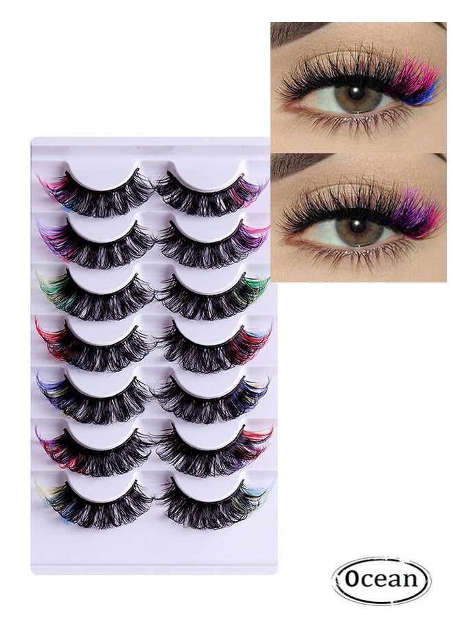 7 Pairs Colored False Eyelashes Set, Color Curl Colored Lashes, Natural Thick Volume, Mix Color and Fluffy Long False Eyelashes, Reusable, Bright and Enlarged Eye