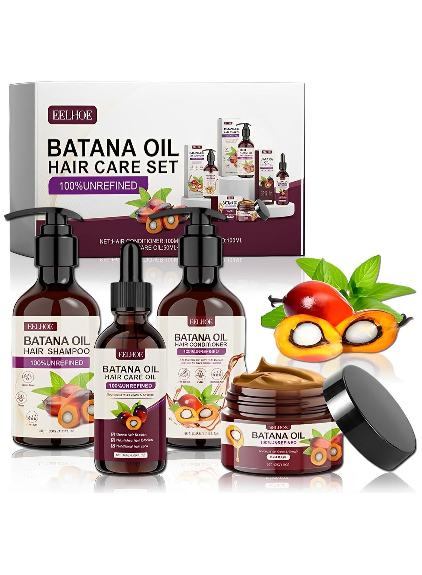 Batana Oil Volumizing Shampoo And Conditioner Set, Hair Care Repairs Anti-frizz, Deep Nourishes Scalp, Smooth Hair Travel Set Include Shampoo Conditioner Hair Mask Hair Oil (4pcs)