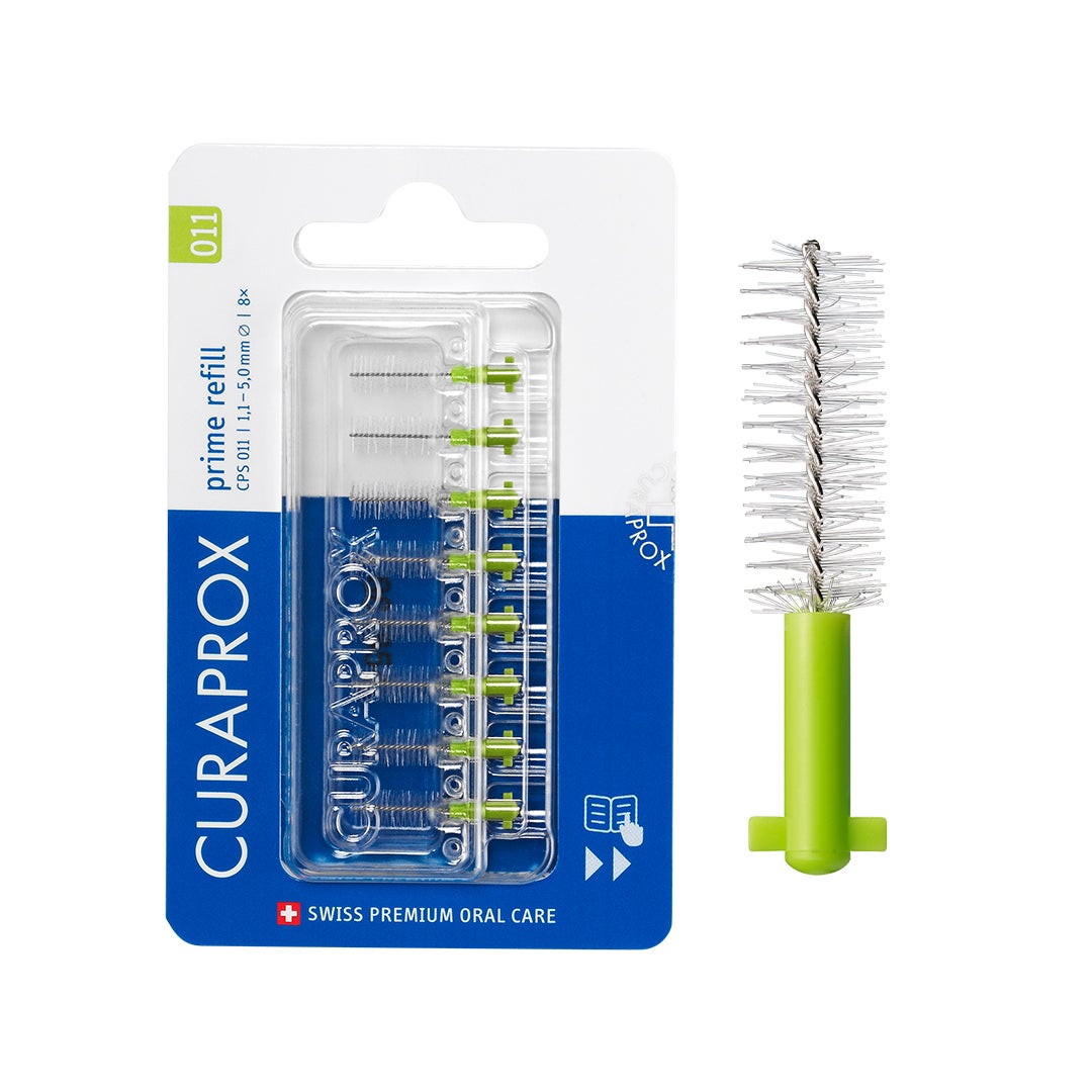 CPS Prime 011 Interdental Brush Refills | 8 Ultra-Fine Brushes (1.1mm - 5mm) for Effective Plaque Removal & Optimal Oral Hygiene, Lime Green Pack
