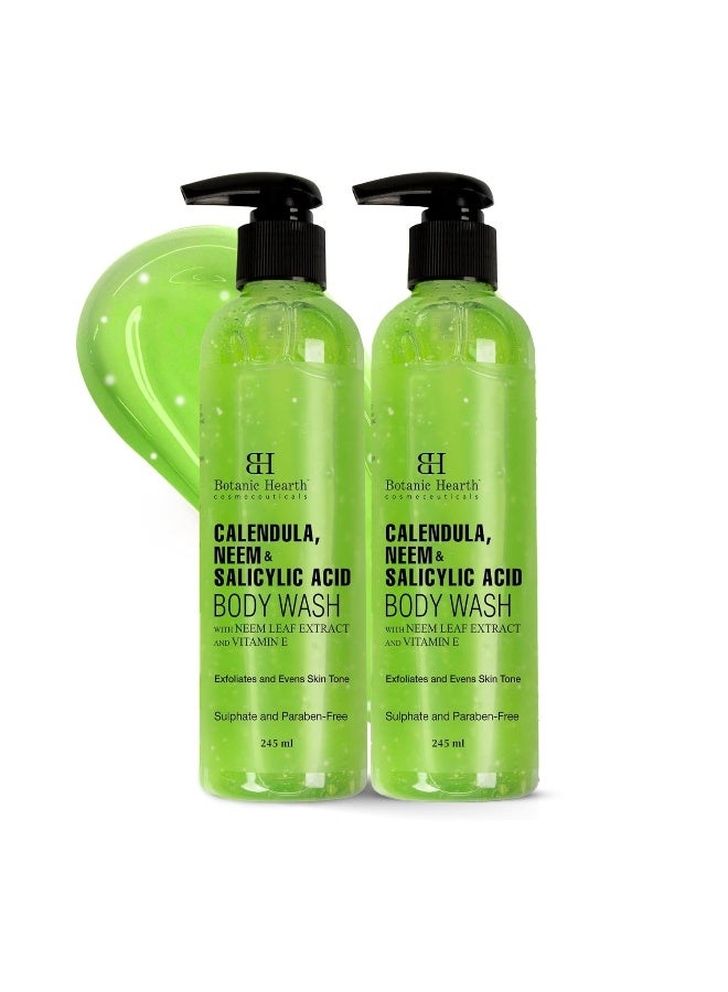 Botanic Hearth Calendula, Neem & Salicylic Acid Body Wash Pack of 2 | 245ml Each | Anti-Acne & Exfoliating Shower Gel | Removes Dead Skin & Unclogs Pores | Sulfate & Paraben Free | Women & Men