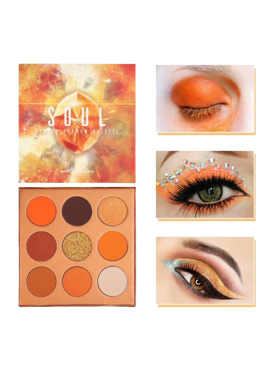 Eyeshadow Palette 9 Colors Orange Pearlescent Gemstone Shadow Palette Highly Pigmented Mattes Shimmers Naked Smokey Glitter Cream Colorful Powder Blendable Long Lasting Waterproof Makeup Palette