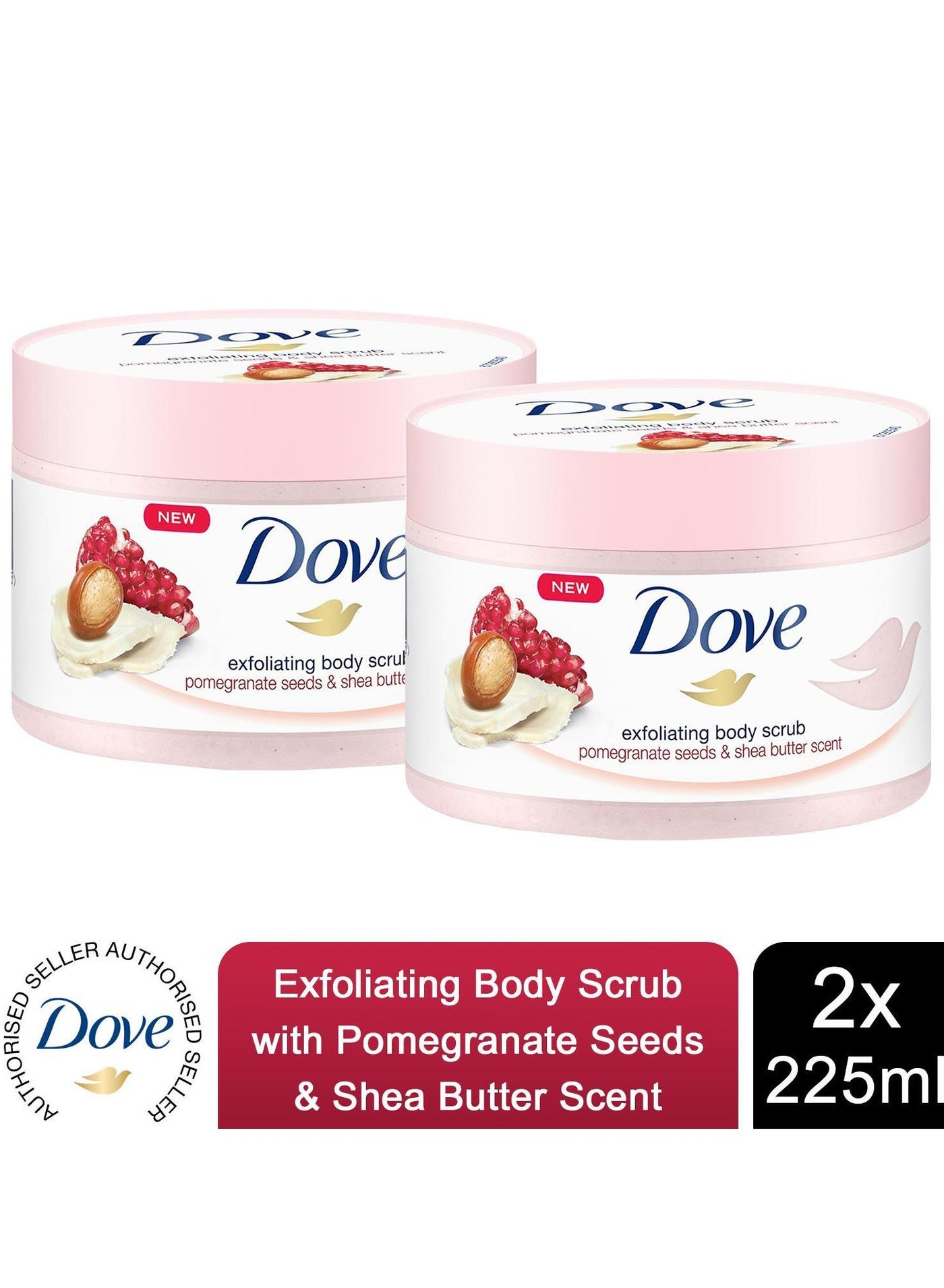 Dove Exfoliating Body Polish Scrub, Pomegranate & Shea Butter, with ¼ moisturising cream, 225ml 2PC