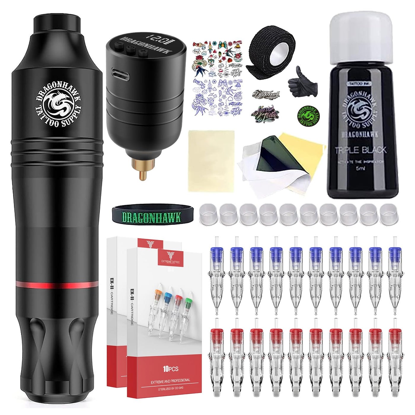 Dragonhawk Atom Wireless Tattoo Gun Pen Machine Kit - Complete Beginner Tattoo Kit with 20 Cartridge Needles, Battery Power Supply for Lining Shading