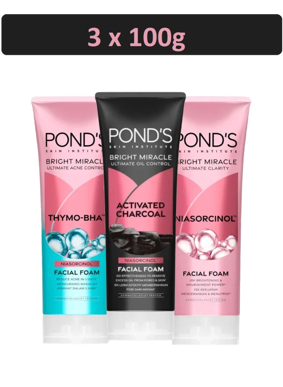 Pack Of 3 Ultimate Acne, Oil and Clarity Facial Foam 100g x 3 | Thymo-NHA | Activated Charcoal | Niasorcinol