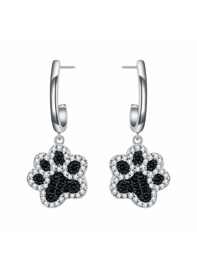 925 Sterling Silver Dogs Paws Footprint Drop Dangle Earrings for Women with Cubic Zircon Cute Jewelry Gift for Bitrhday Anniversary Chrismas Black Sliver-Tone