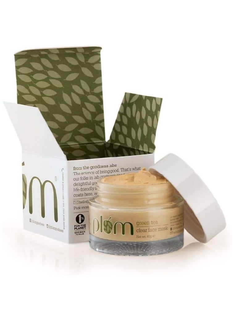 Green Tea Clear Face Mask  Kaolin & Bentonite Clay Mask for Acne and Clogged Pores Oily Skin Brighter Glowing Skin Face Pack 60 g