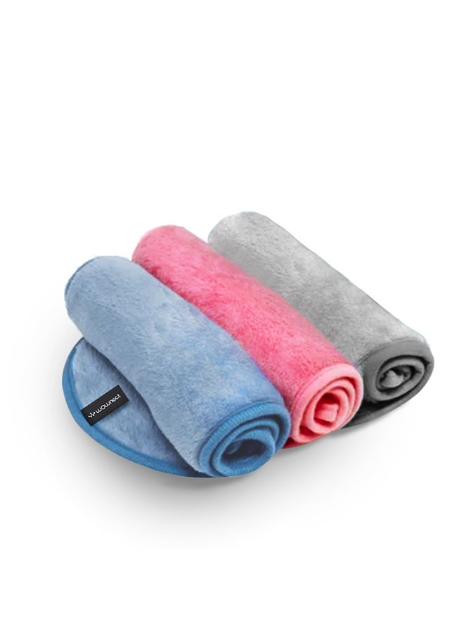 Reusable Makeup Remover Cloth Face Towel [3 Per Pack] [Machine Washable] [15.7x6.6 inch] - Pink & Blue & Grey