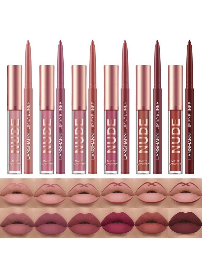 12pcs Lip Liner and Lipstick Set, 6 Velvety Matte Liquid Lipsticks + 6 Matching Smooth Lip Liner One Step Lips Long Lasting Waterproof Makeup Kits Gift Set