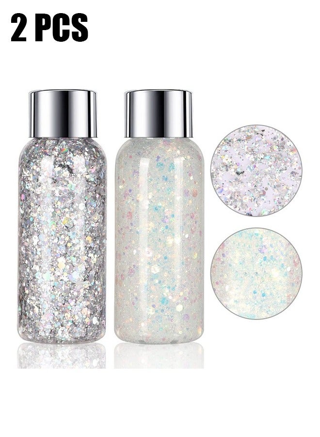 Body Glitter Gel, 2 Pcs Glitter Sequins Chunky Glitter Liquid Eyeshadow Long Lasting Glitter Shimmer Chunky Sequins Glitters for Hair Makeup Festival Party Carnival