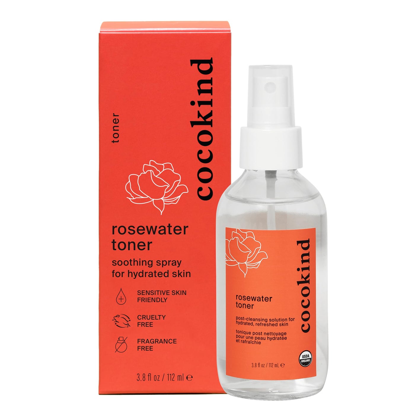Rosewater Facial Toner by Cocokind, Multipurpose Spray to Set Makeup, Double Cleanse, and Balance Skins pH, Made with Rose Hydrosol, 4 Fl Oz