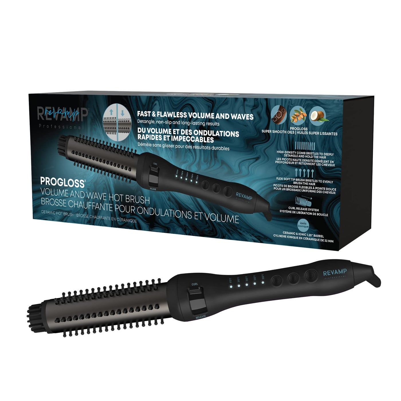 Revamp Progloss Volume & Wave Ceramic Heated Brush â€“ Curling Iron Brush with Retractable 1.25â€ Bristles, Ceramic Barrel Infused with Progloss Oils for Frizz-Free Shine â€“ Auto-Off & 9â€™ Swivel Cord