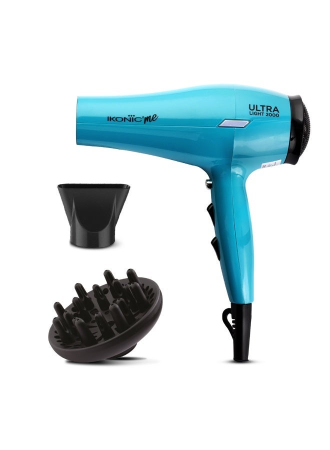 Ikonic ME Ultralight 2000 Hair Ikonic Ultralight Professional Hair Dryer, Teal , 2000W with Diffuser & Nozzle – 3 Heat & 2 Speed Settings, Cool Shot, Lightweight Design, All Hair TypeTeal