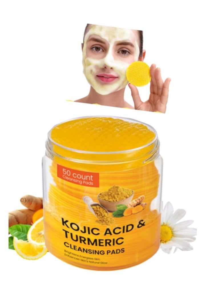 50 Pcs Kojic Acid Turmeric Cleansing Pads, Cleansing pads with Turmeric and Kojic Acid Help Balance Skin Oil and Water, Turmeric Facial Cleansing Pads for Exfoliation and Spot Lightening
