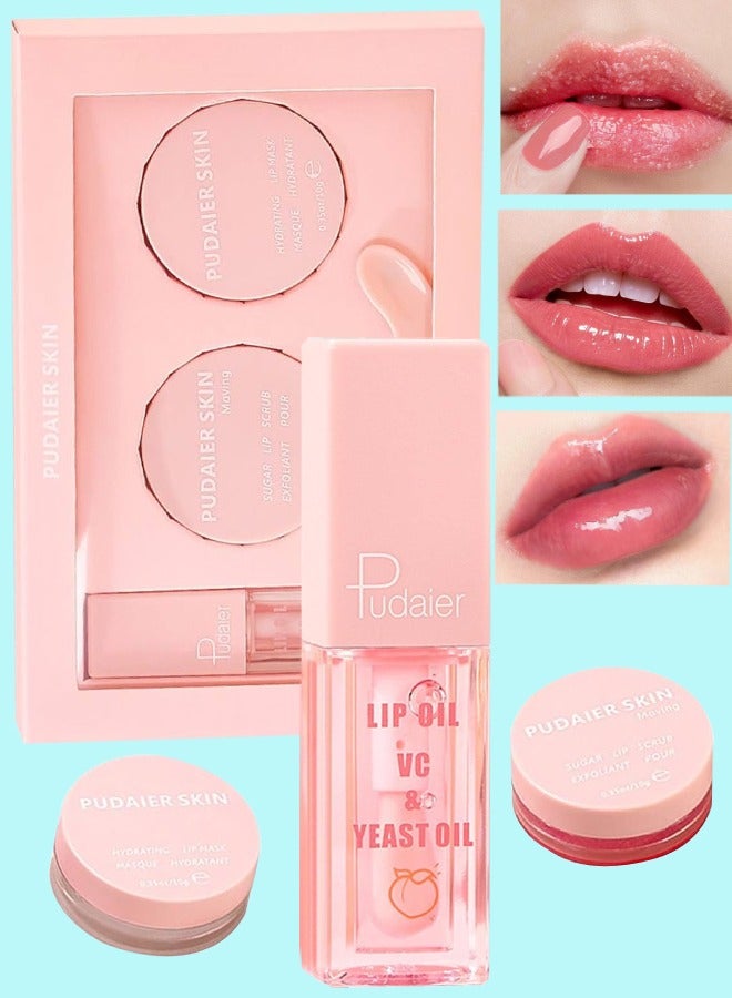 3 in 1 Lip Care Lip Set Sugar Lip Scrub Lip Mask and Lip Glow Oil Exfoliant Hydrating Moisturizing Plumping Lip Glow Lip Care Set Peach Lip Gloss with Vitamin C Lip Plumper Gloss