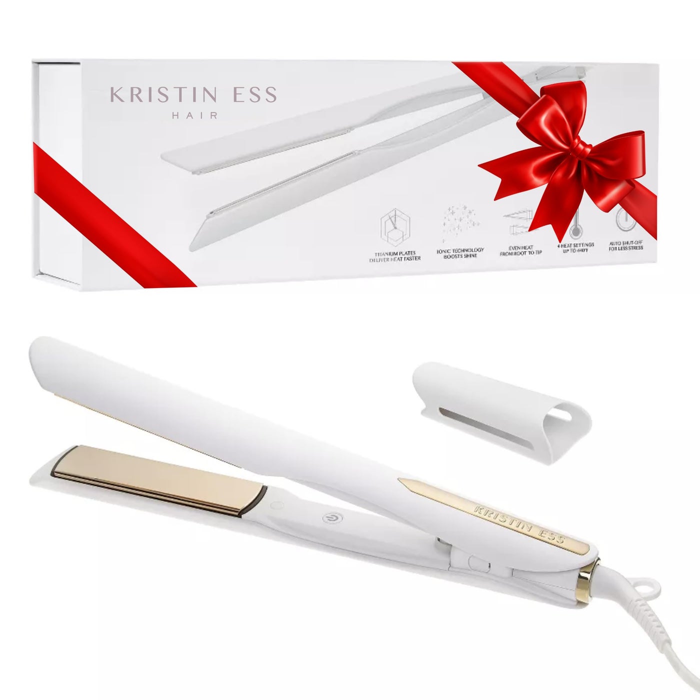Kristin Ess 3-in-One Professional Titanium Hair Straightener Curler 2 in 1 + Beach Waver Combo for Women with Curly, Frizzy + Thick Hair - 1 1/4 Inch Dual Voltage Flat Iron + Travel Cap - 440 Degree