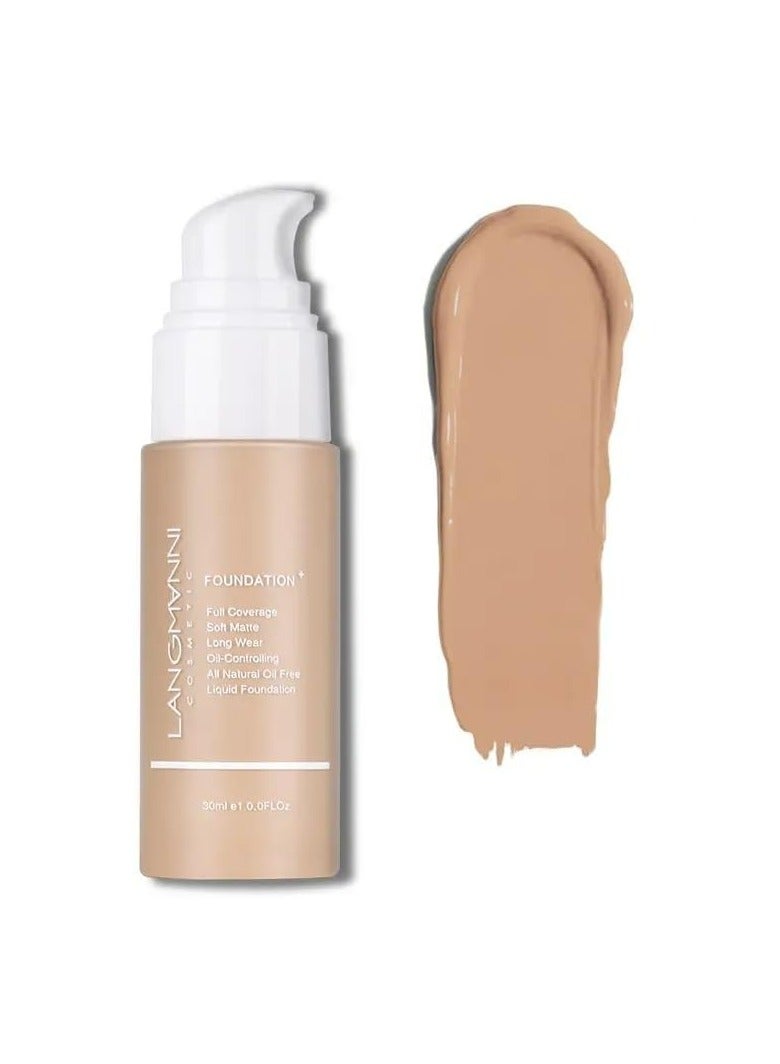 Langmanni Matte Oil-Control Liquid Foundation: Fresh, Long-Lasting, Waterproof Coverage (Sand)
