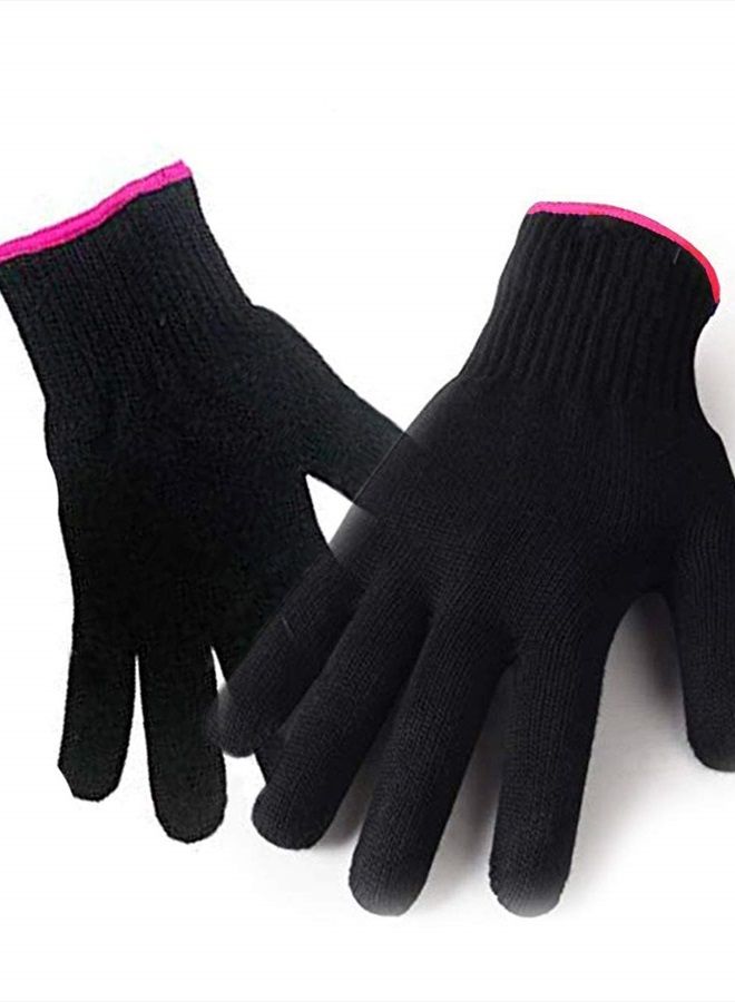2 Heat Resistant Glove for Hair Styling, Curling Iron, Flat Iron and Curling Wand, Black, Pink Edge