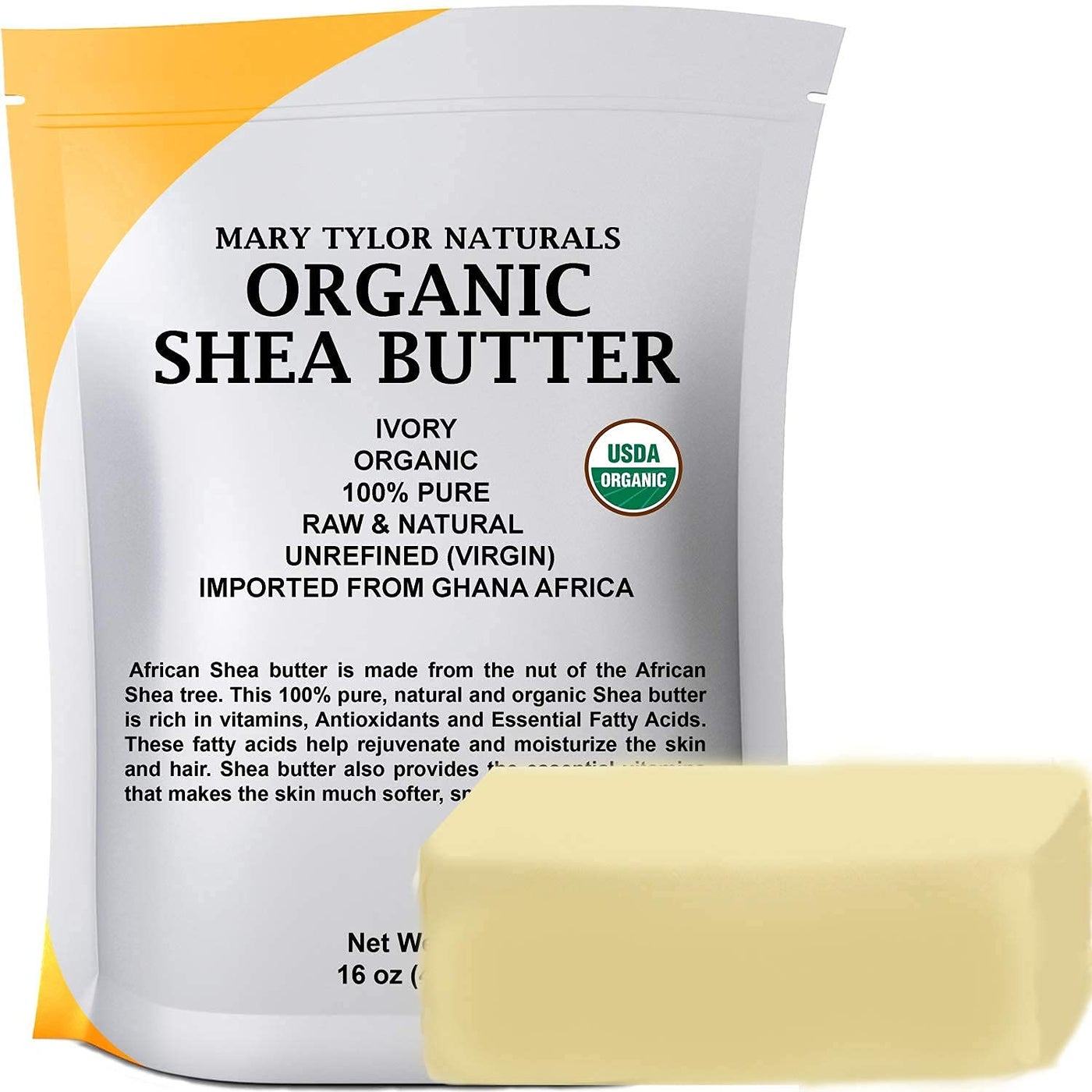 Mary Tylor Naturals Organic Shea Butter 1 lb â€” USDA Certified Raw, Unrefined, Ivory From Ghana Africa â€” Great for Hair, Skin and all your DIY Projects